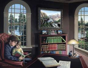 watercolour painting of a child and his father in a library by artist Joyce Girgenti Graphic