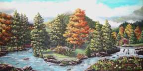 watercolour painting of a mountain and stream by artist Joyce Girgenti Graphic