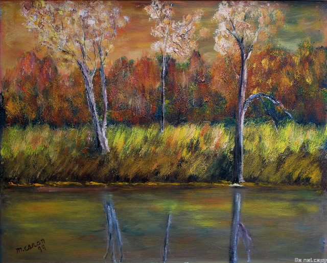 Oeuvre sur toile de 16x20 pouces peinte � l'automne de 1999,le long de la rivierre Gatineau. This is an oil painting painted on site along the Gatineau river in Quebec  $1600.00cdn