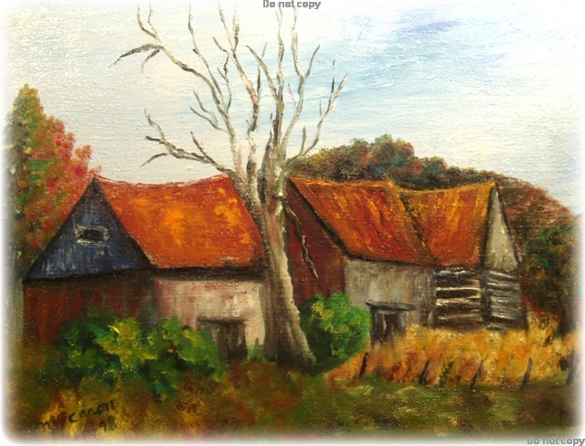 A group of old farm buildings on the road to Maniwaki in the Upper Gatineau in Quebec. Oil painting on canvas sketched and compleeted on the site. It measures 11x14 inches   $500.00cdn