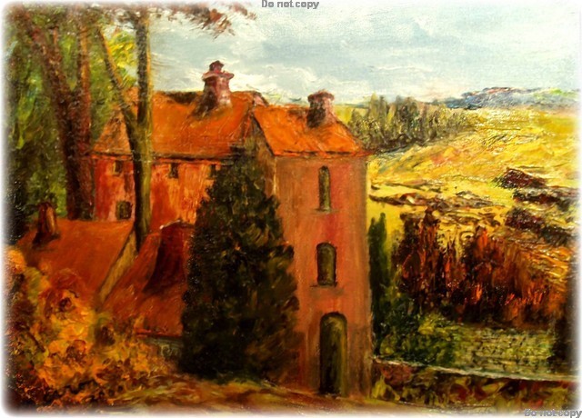  La bastide rouge entre Vence et Cagne-sur-mer en Provence.      The red farm-house neer Vence in Provence  Huile sur toile--On canvas  15x18 inc. $1500.00cdn                